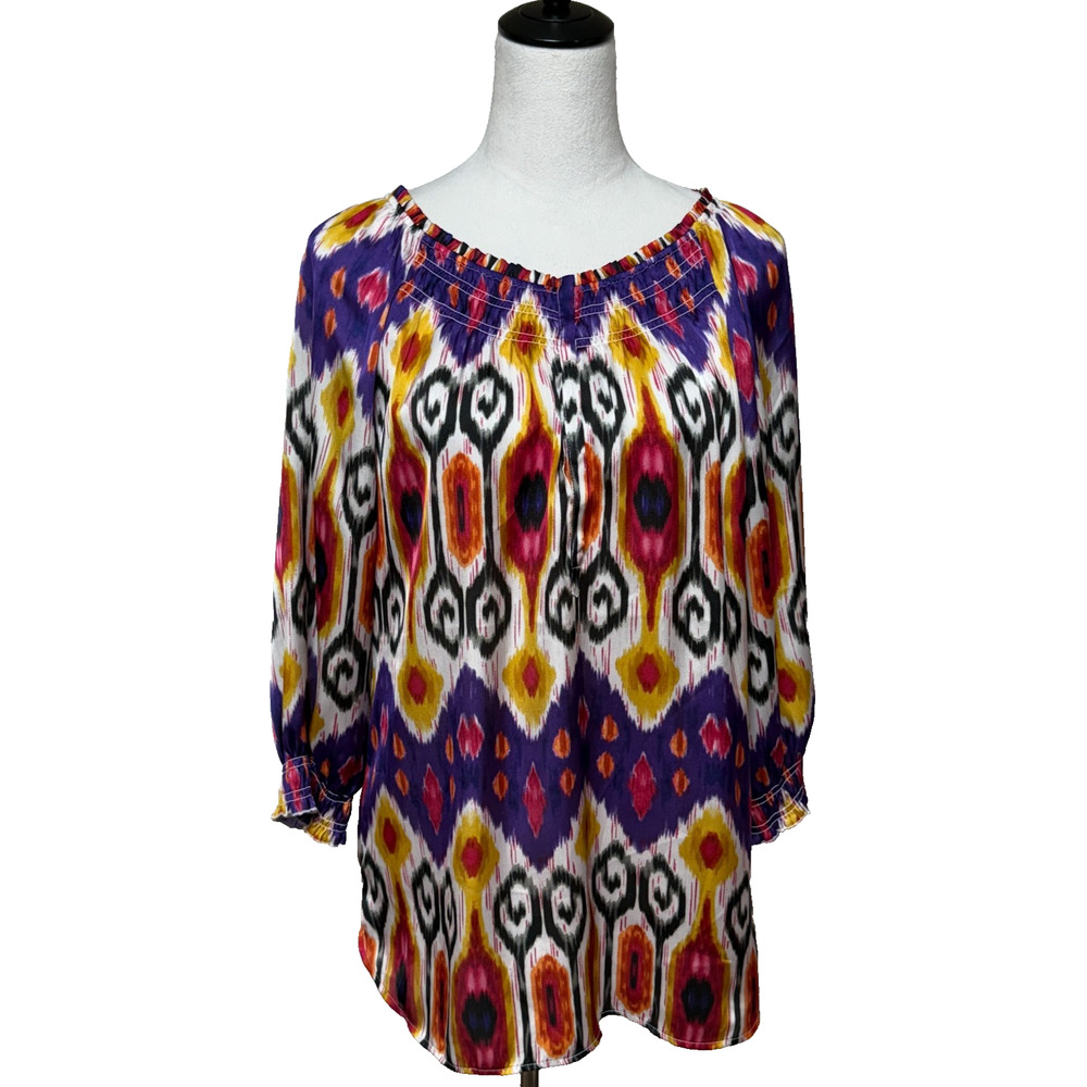 Chicos Top Womens Medium 1 Pink Purple Ikat Colorful Smocked Flowy Peasant Boho